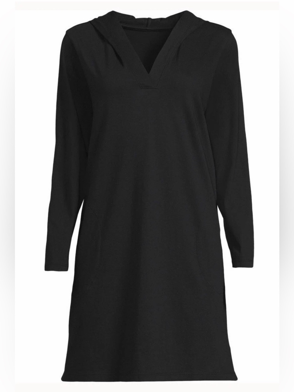 Womens Small Medium Lands End Cotton Long Sleeve Hood Swim Cover-up Dress Black